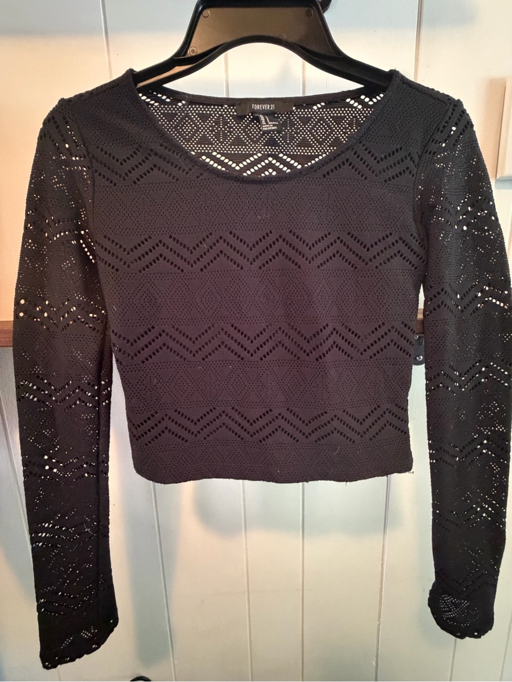 Forever 21 Black Crochet Open-Knit Long Sleeve Crop Top - SMALL - Picture 1 of 3